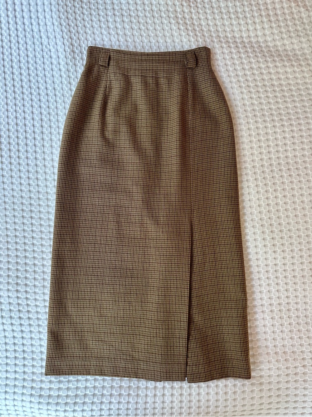 Vintage 90s Talbots Petites Brown Tan Grey Houndstooth Wool Pencil Skirt Size 4P